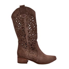 Zazoo 3403 Stivali traforati da donna con tacco basso, Beige scuro