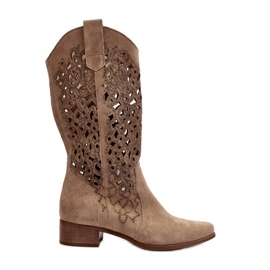 Zazoo 3403 Stivali traforati da donna con tacco basso Beige chiaro