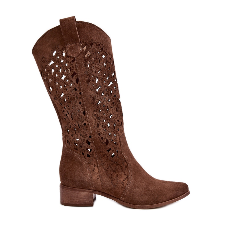 Zazoo 3403 Stivali da donna traforati marroni con tacco basso marrone