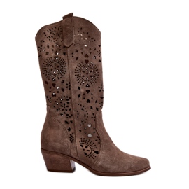 Zazoo 3396 Stivali a metà polpaccio traforati in pelle scamosciata Beige scuro