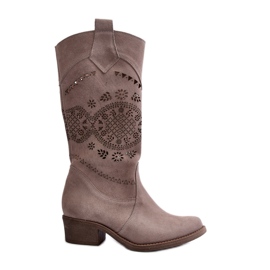 Zazoo 4043 Stivali cappuccino con tacco basso in pelle scamosciata traforata beige