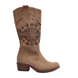 Zazoo 4043 Stivali con tacco basso in pelle scamosciata beige traforata