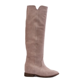 Zazoo 3407 Stivali al ginocchio in pelle scamosciata con tacco piatto cappuccino beige