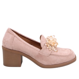 Mocassini Lorenz Camel con tacco alto e pietre beige