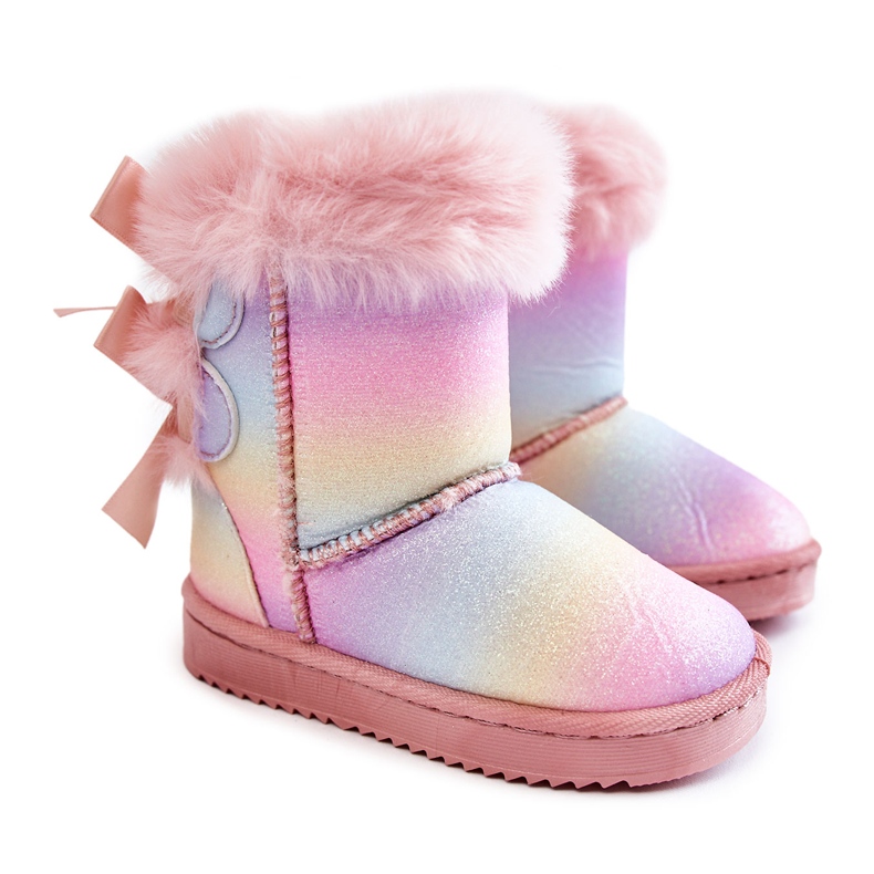 Stivali isolati per bambini con fiocchi, scarponi da neve multilolore rosa
