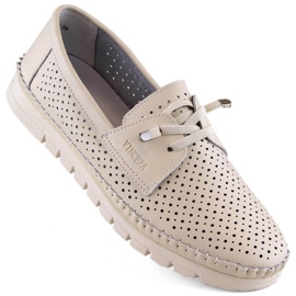 Scarpe slip-on da donna in pelle traforata, beige Vinceza 7872
