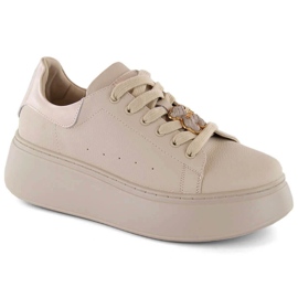 Scarpe sportive da donna in pelle su plateau con orsetto, beige Vinceza 66641