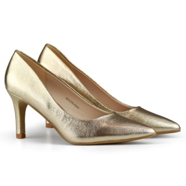 Tacchi a spillo bassi dorati, décolleté da donna con tacco a spillo basso, oro d'oro
