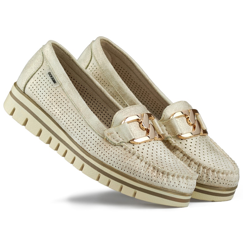Mocassini traforati da donna comodi ed eleganti, scarpe traforate dorate beige