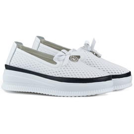 Scarpe traforate in pelle da donna, comodi mocassini realizzati in pelle naturale bianca