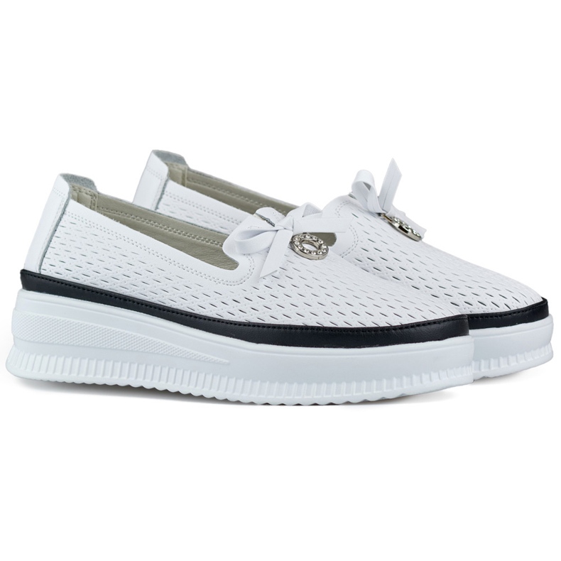 Scarpe traforate in pelle da donna, comodi mocassini realizzati in pelle naturale bianca