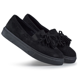 Scarpe da donna nere con frange, mocassini neri con frange nero