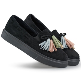 Scarpe da donna nere con frange colorate, mocassini neri con frange nero