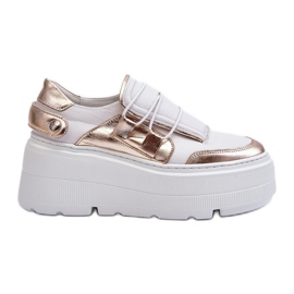 Zazoo 1833 Scarpe da ginnastica da donna in pelle con suola massiccia, bianche e dorate bianca