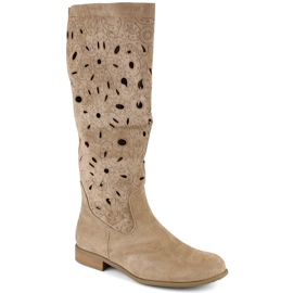 Stivali traforati da donna in camoscio con tacco basso, beige Jezzi ASA142-50