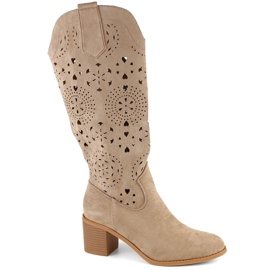 M. DASZYŃSKI Stivali traforati da donna in pelle scamosciata con tacco alto, beige M.Daszyński MR2337-7
