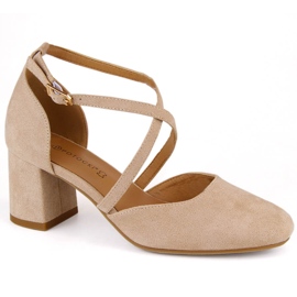 Eleganti sandali da donna in pelle scamosciata con tacco alto, beige Potocki SZ12341