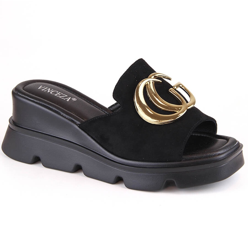 Pantofole con zeppa in pelle scamosciata da donna, nere, Vinceza 58295 nero