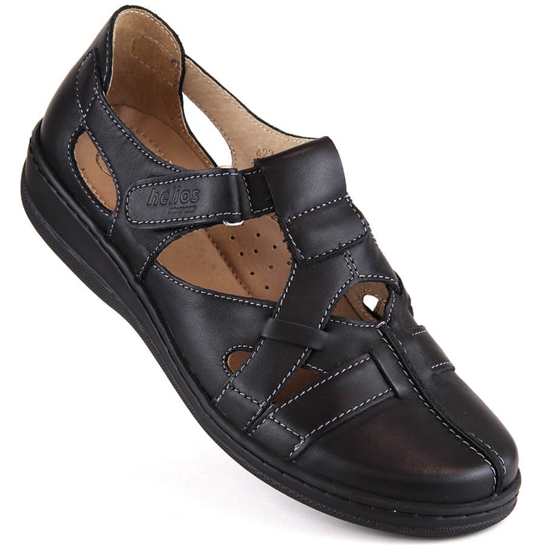 Scarpe comode da donna in pelle traforate con velcro, nere Helios 423.011 nero