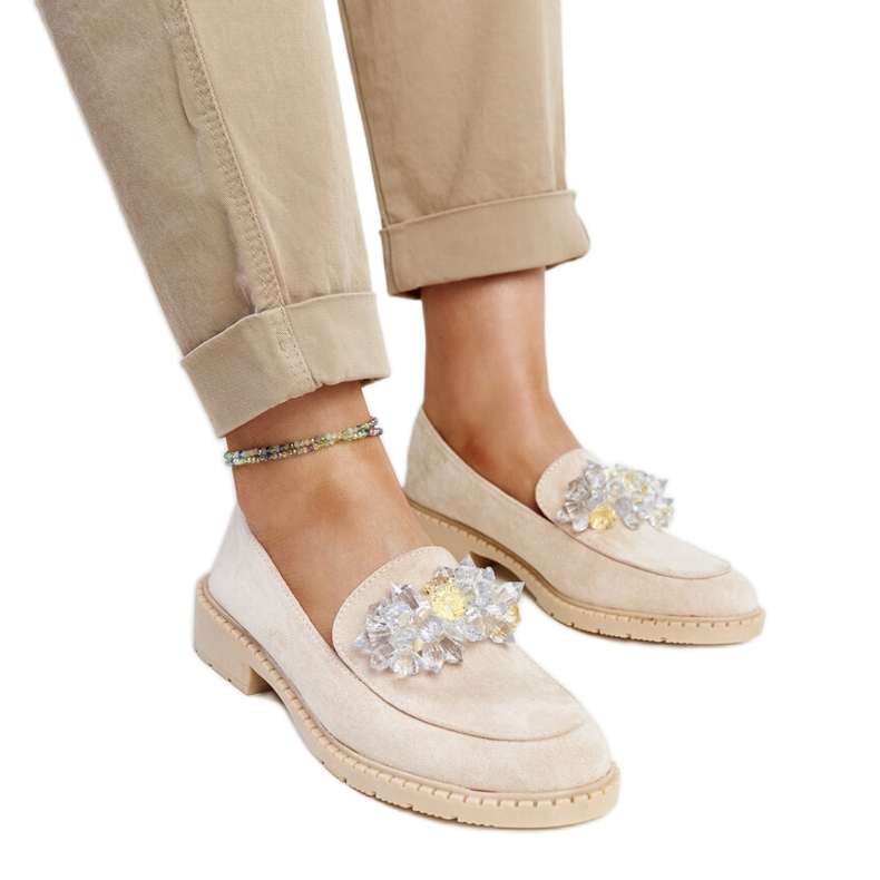 Mocassini in camoscio beige chiaro con cristalli Zemzem