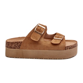 Infradito da donna con plateau Lolpey color cammello con fibbie marrone