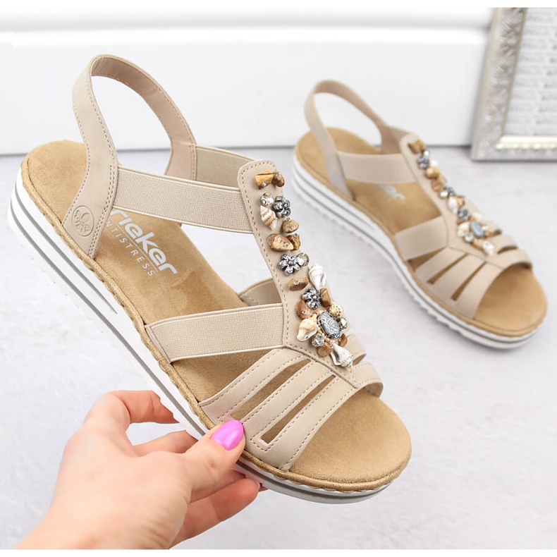 Comodi sandali slip-on da donna con elastici, beige Rieker V0649-62
