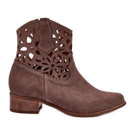 Zazoo 3404 Stivali da cowboy traforati su tacco basso in pelle scamosciata marrone