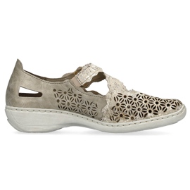 Comode scarpe da donna traforate in pelle con velcro, metallizzate Rieker 413G4-90 beige