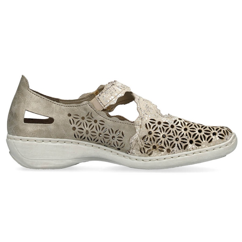Comode scarpe da donna traforate in pelle con velcro, metallizzate Rieker 413G4-90 beige