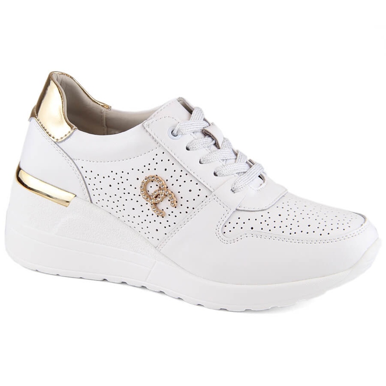Scarpe sportive con zeppa da donna in pelle, bianche, S.Barski LR810 bianca