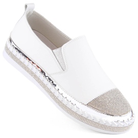S.Barski Scarpe slip-on da donna in pelle con zirconi, bianche D&amp;A LR370 bianco