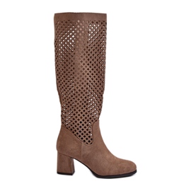 Stivali con tacco alto traforati in pelle scamosciata beige Jolenna