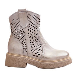 Zazoo 3470 Stivaletti da donna in pelle con tacco piatto, oro traforato, spazzolato d'oro