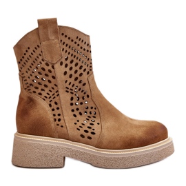 Zazoo 3470 Stivali da donna in pelle scamosciata con tacco piatto, traforati, Beige