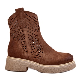 Zazoo 3470 Stivali da donna in pelle scamosciata con tacco piatto, marrone traforato