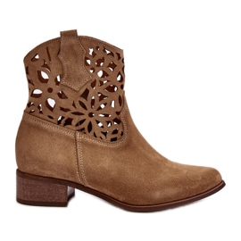 Zazoo 3404 Stivali da cowboy traforati con tacco basso in pelle scamosciata Beige chiaro