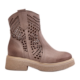 Zazoo 3470 Stivali da donna in pelle scamosciata con tacco piatto Cappuccino traforato beige