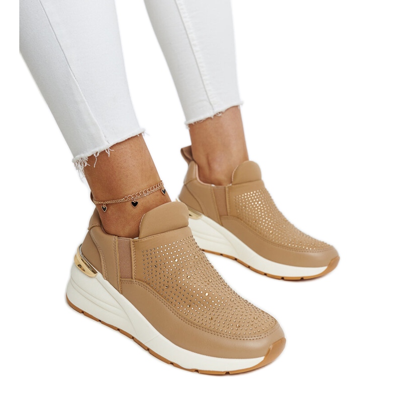 Sneakers Ashleey con zeppa marrone con strass