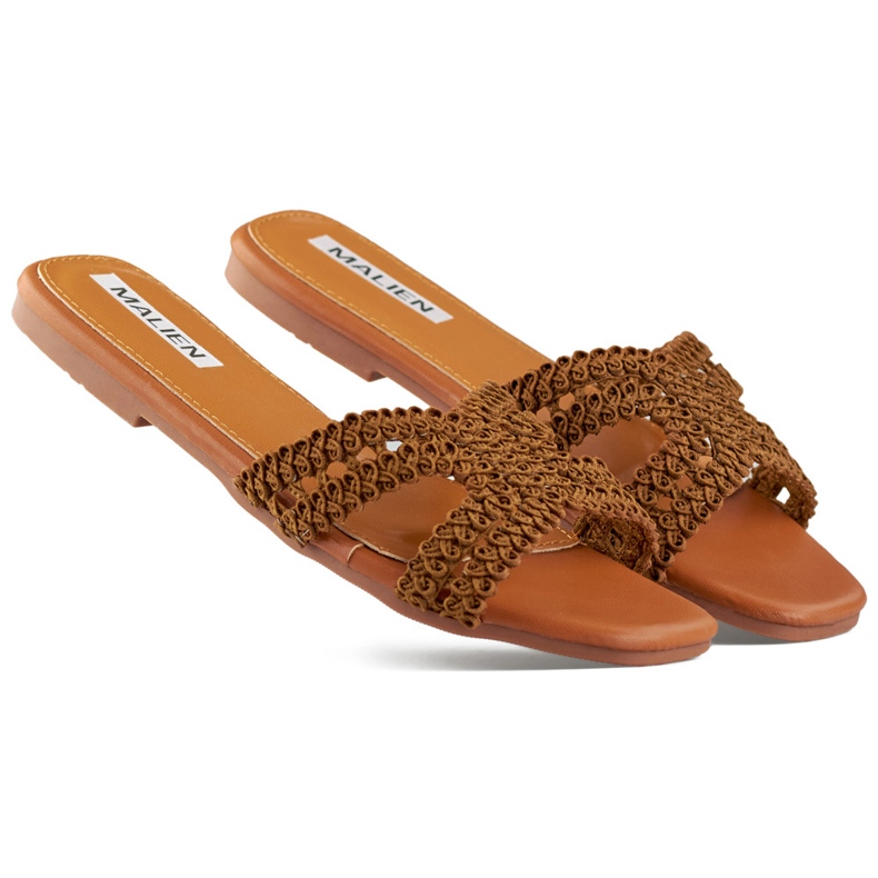Infradito da donna in pizzo marrone con suola piatta