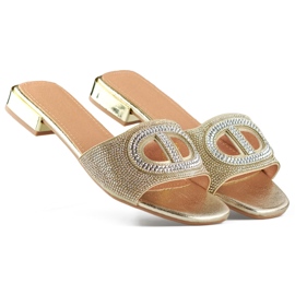Eleganti ciabatte da donna color oro con tacco basso in paillettes d'oro