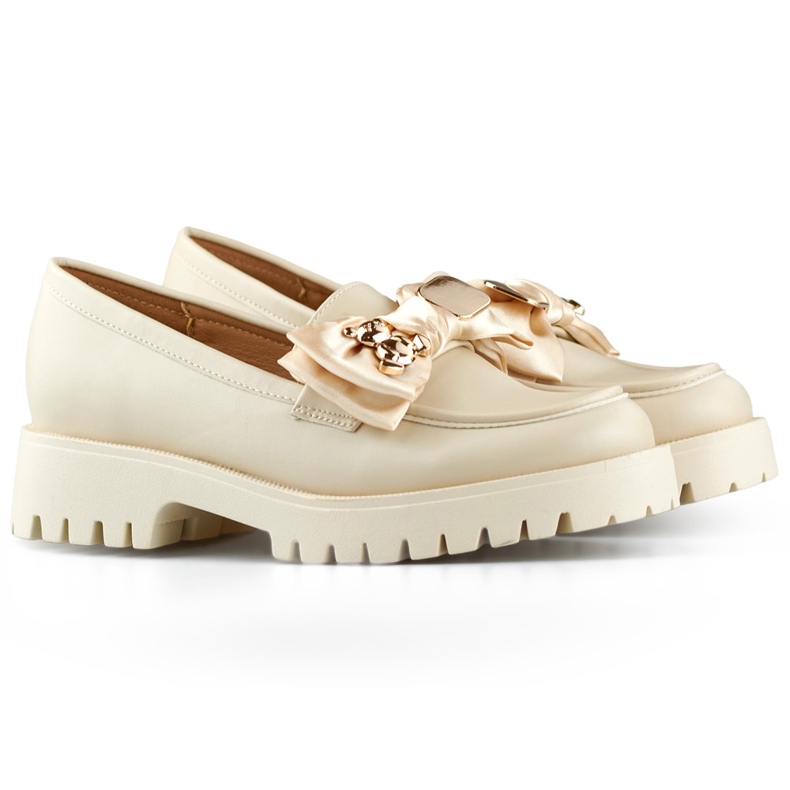 Mocassini beige con fiocco, mocassini con orsetto