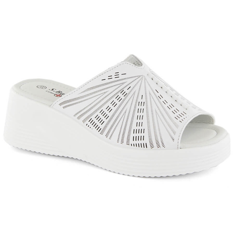 Comode pantofole da donna in pelle con zeppa, bianche, S.Barski LR275 bianca