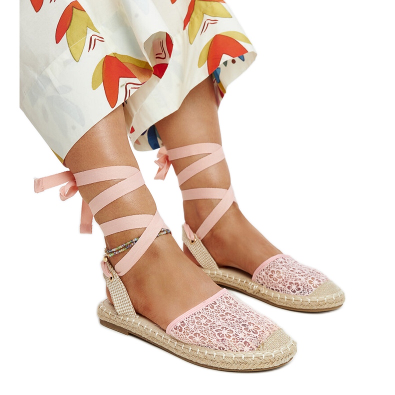 Espadrillas Teha in pizzo rosa con tacco aperto