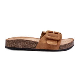 Infradito Laeltia da donna in ecopelle scamosciata color cammello con fibbia marrone