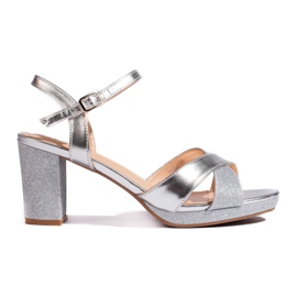 Sandali con tacco da donna in glitter argento
