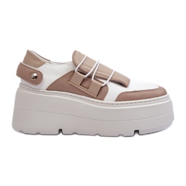 Zazoo 1833 Sneakers da Donna in Pelle con Suola Massiccia, Beige e Bianco