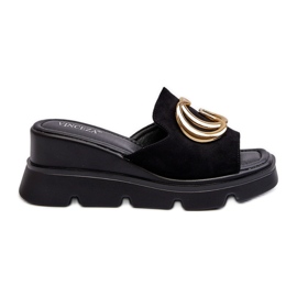 Vinceza Infradito da Donna Realizzate in Eco Camoscio su Zeppa e Plateau con Decorazione Oro, Nero Iaria
