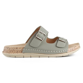 Comode infradito da donna grigie con due fibbie e sottopiede in pelle grigio