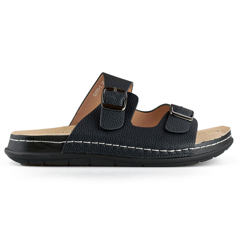 Comode infradito da donna nere con due fibbie e sottopiede in pelle nero