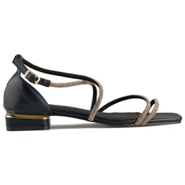 Eleganti sandali da donna con tacco basso e zirconi nero